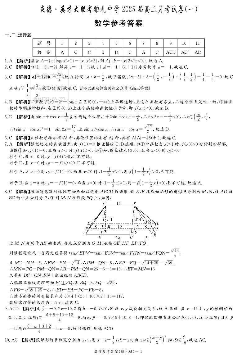 【DW】雅礼中学2025届高三第1次月考数学答案第1页