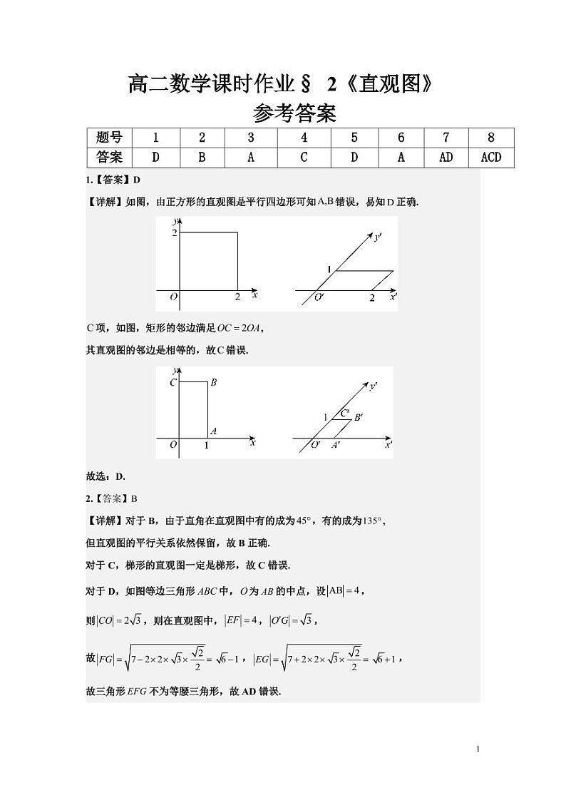 高二数学课时作业§ 2《直观图》参考答案第1页
