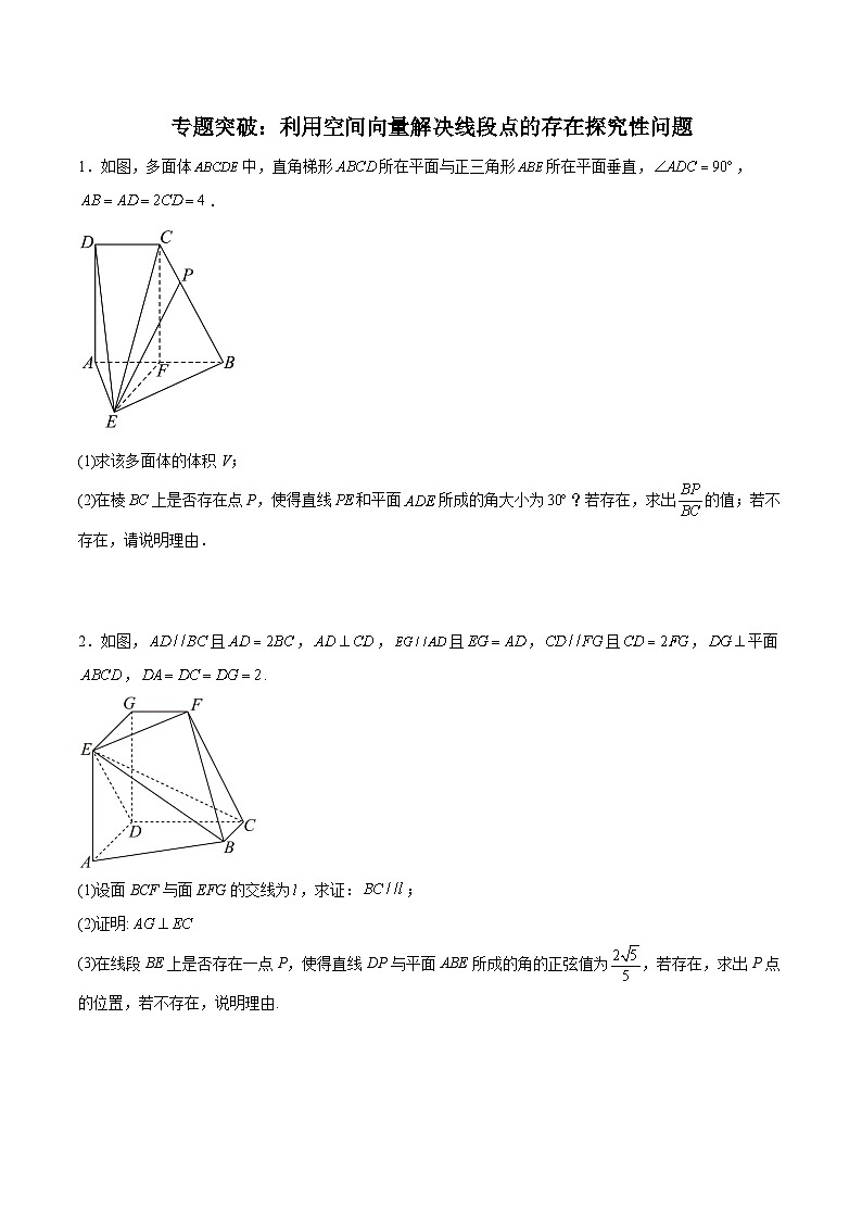 专题突破：利用空间向量解决线段点的存在探究性问题-2024-2025学年第一学期高二数学同步讲与练（人教A版2019选择性必修第一册）01
