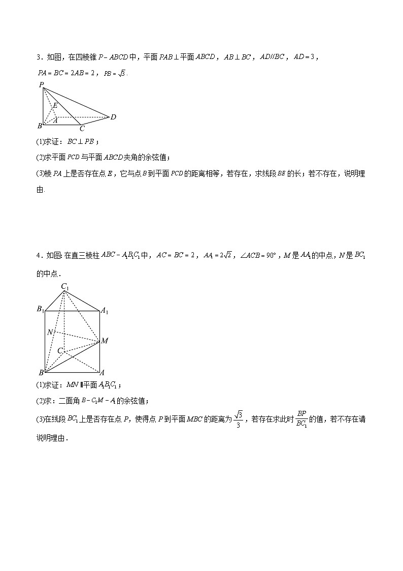 专题突破：利用空间向量解决线段点的存在探究性问题-2024-2025学年第一学期高二数学同步讲与练（人教A版2019选择性必修第一册）02