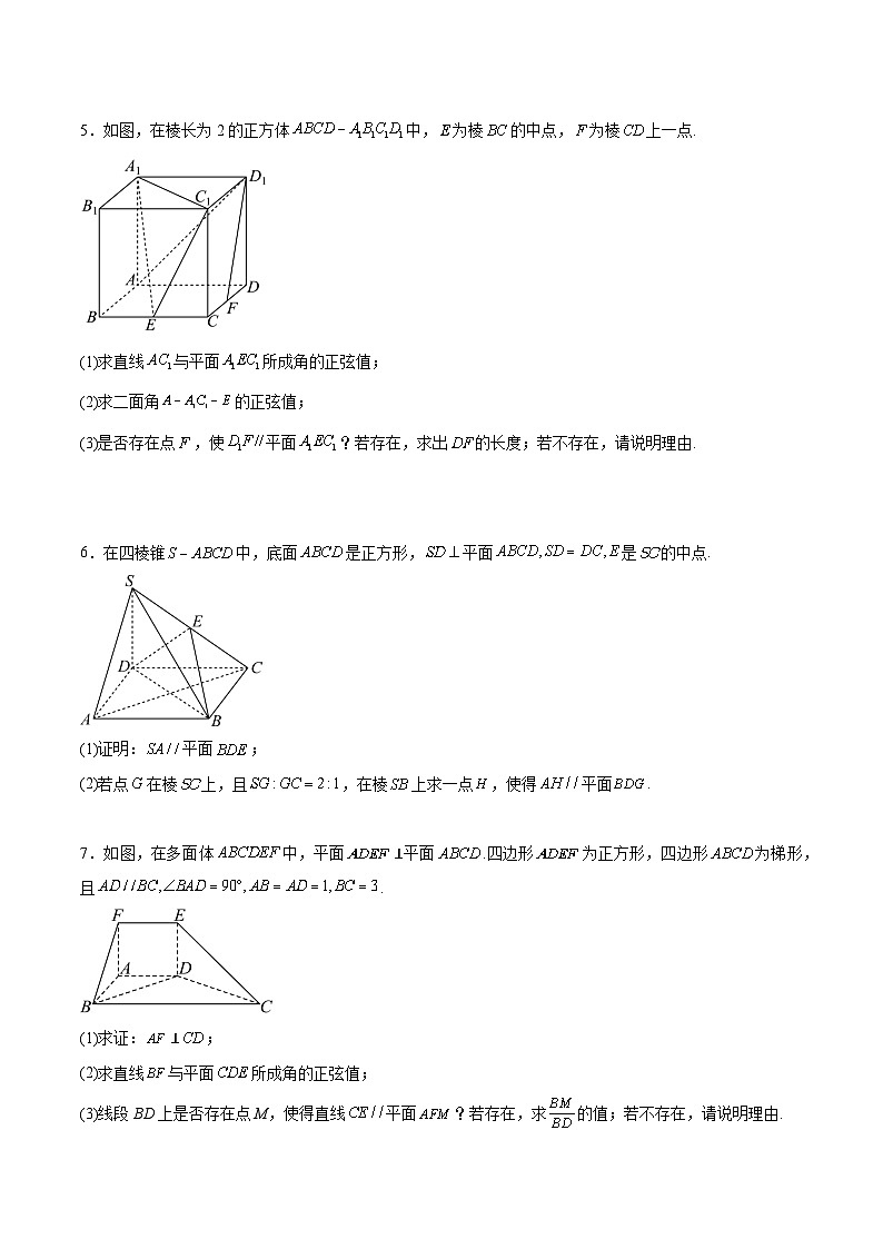 专题突破：利用空间向量解决线段点的存在探究性问题-2024-2025学年第一学期高二数学同步讲与练（人教A版2019选择性必修第一册）03