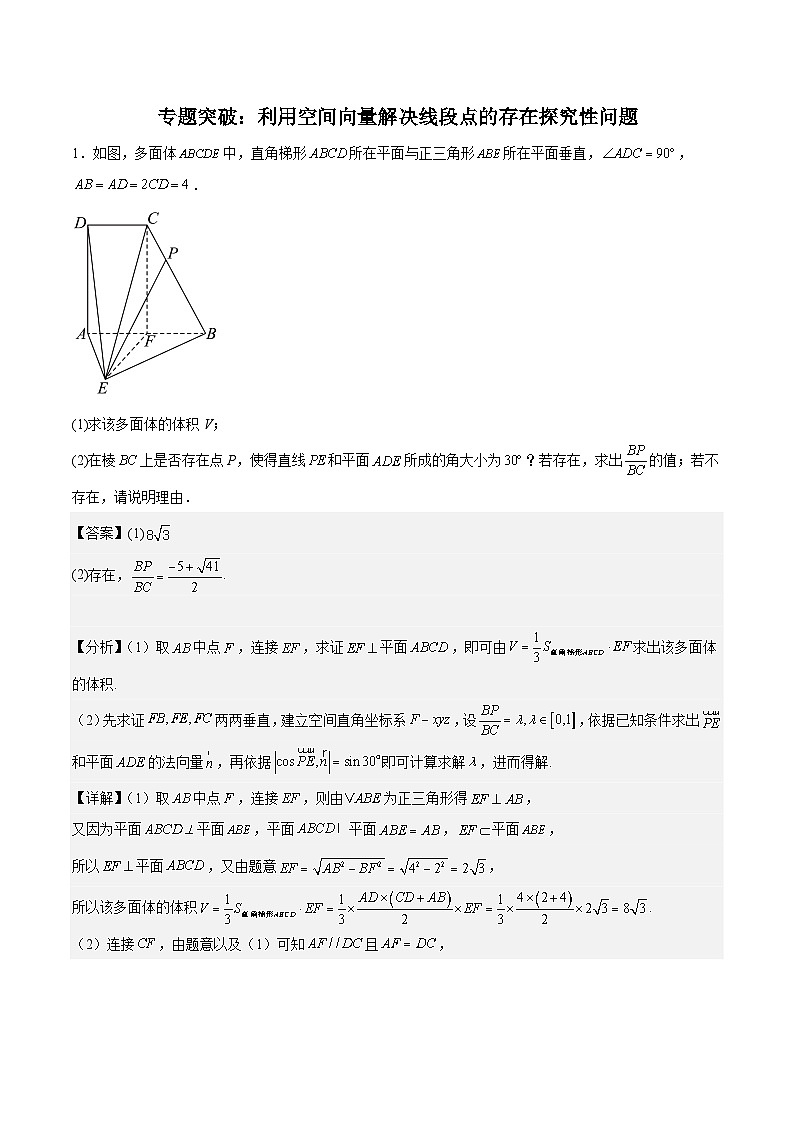 专题突破：利用空间向量解决线段点的存在探究性问题-2024-2025学年第一学期高二数学同步讲与练（人教A版2019选择性必修第一册）01