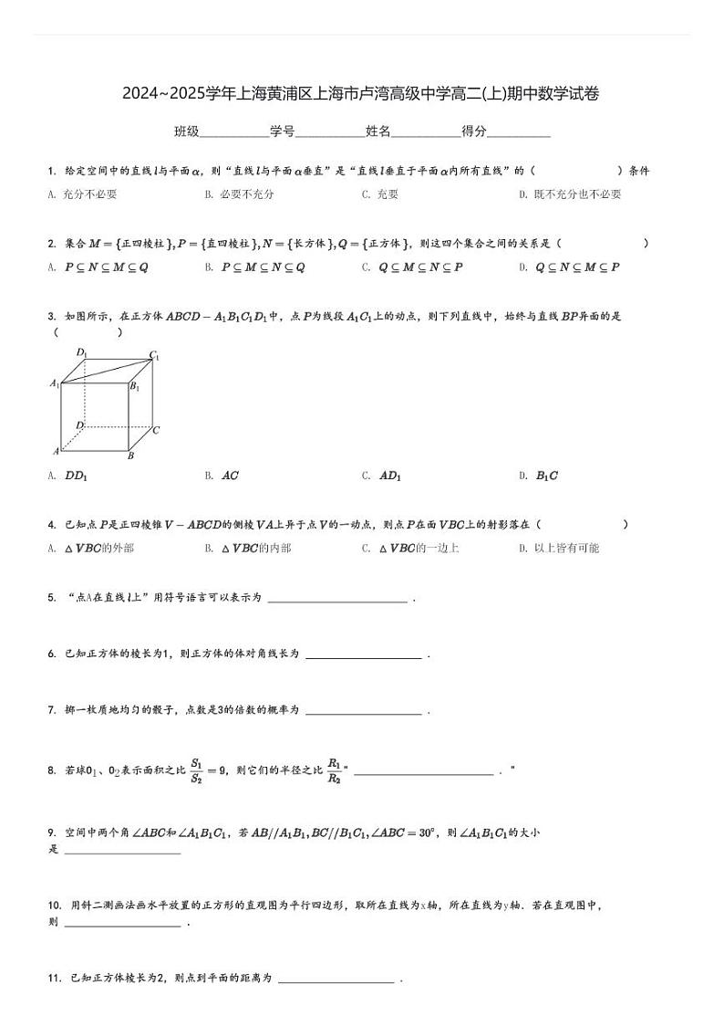 2024～2025学年上海黄浦区上海市卢湾高级中学高二(上)期中数学试卷[原题+解析]第1页