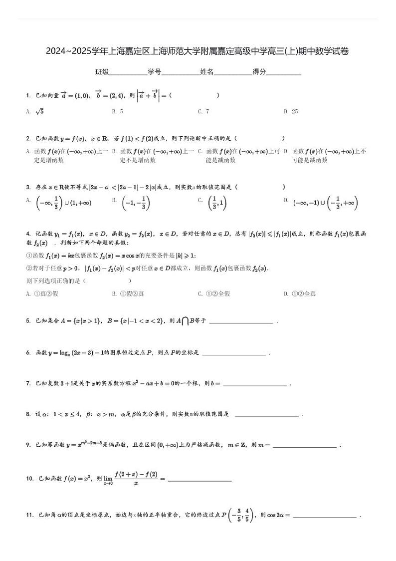 2024～2025学年上海嘉定区上海师范大学附属嘉定高级中学高三(上)期中数学试卷[原题+解析]第1页