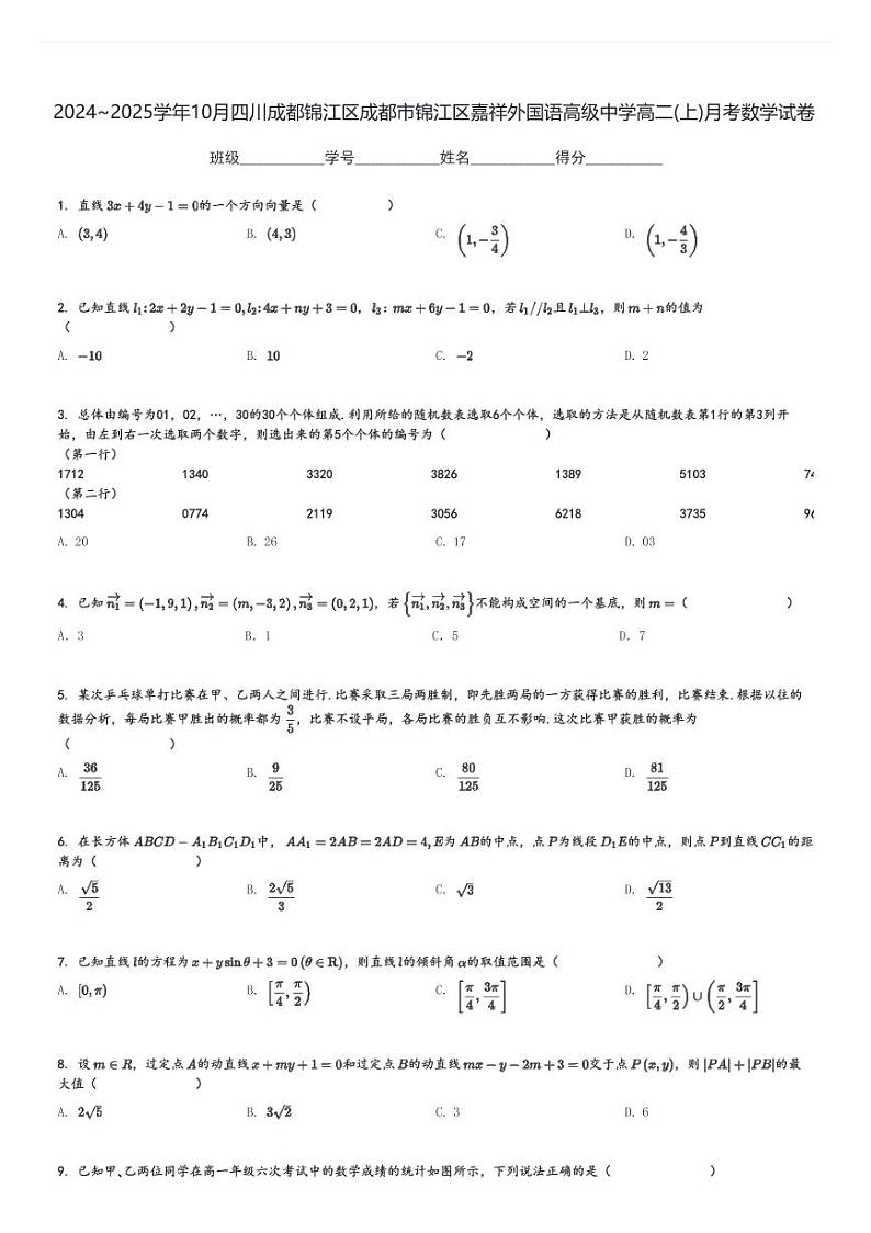 2024～2025学年10月四川成都锦江区成都市锦江区嘉祥外国语高级中学高二(上)月考数学试卷[原题+解析]第1页
