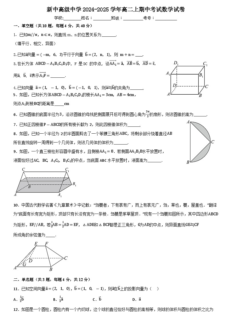 上海市静安区新中高级中学2024-2025学年高二上学期期中考试数学试卷第1页