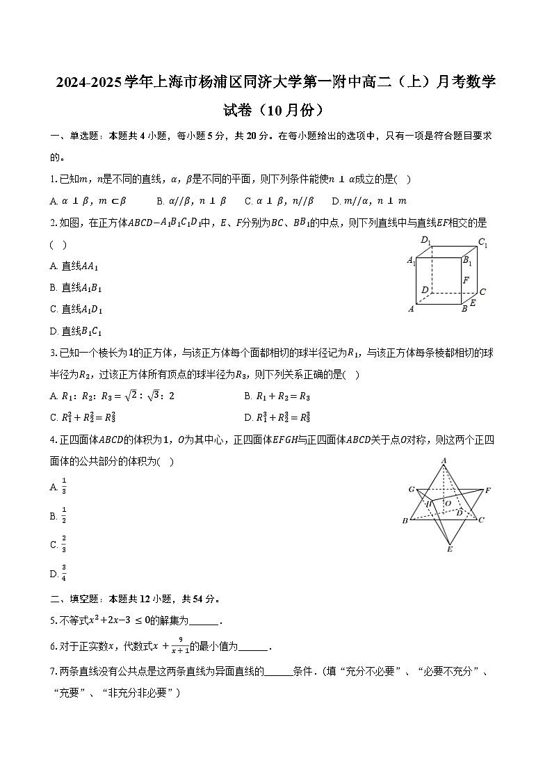 2024-2025学年上海市杨浦区同济大学第一附中高二（上）月考数学试卷（10月份）（含答案）第1页