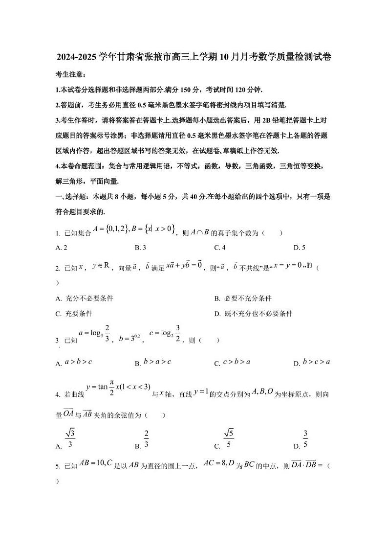 2024-2025学年甘肃省张掖市高三上学期10月月考数学质量检测试卷（含解析）第1页