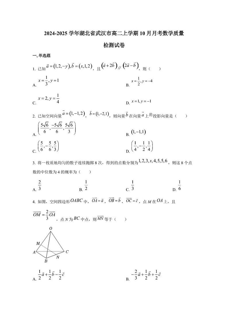 2024-2025学年湖北省武汉市高二上学期10月月考数学质量检测试卷（含解析）第1页