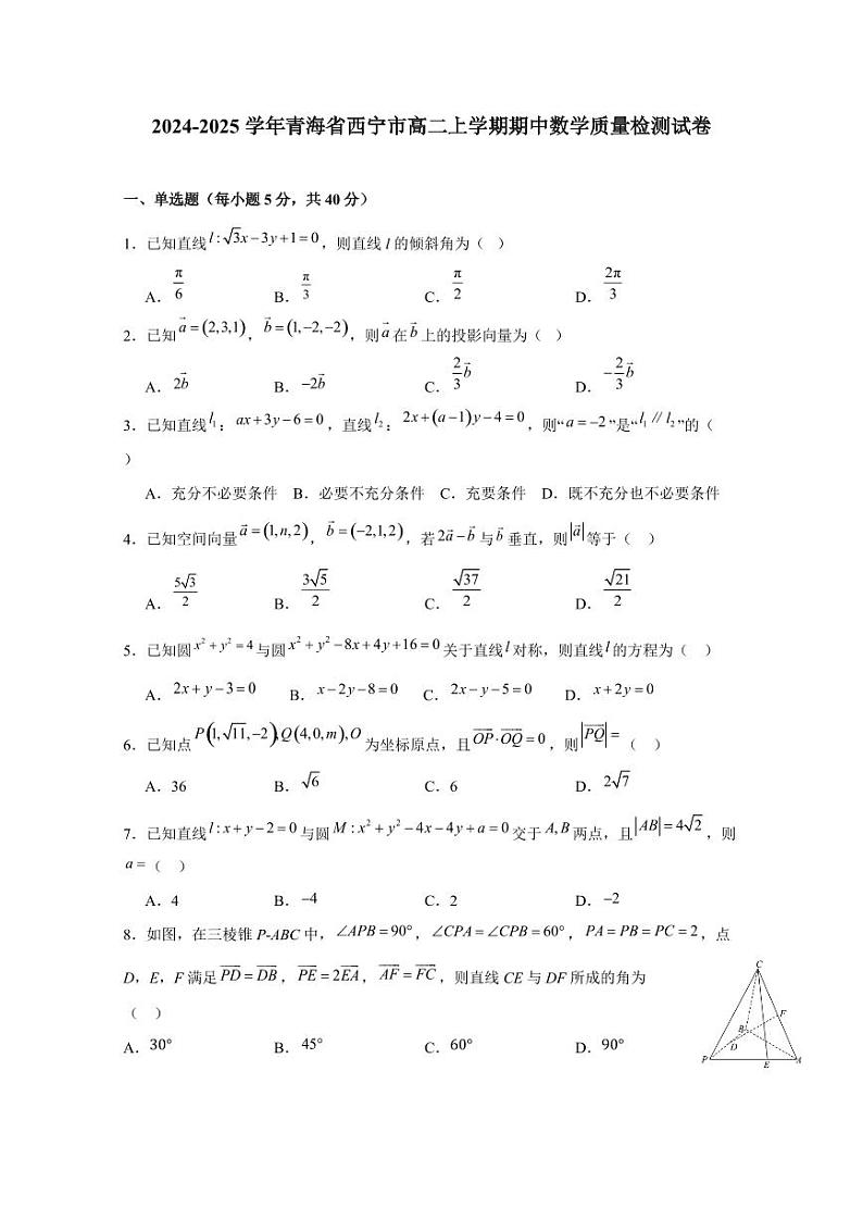 2024-2025学年青海省西宁市高二上学期期中数学质量检测试卷（含解析）第1页