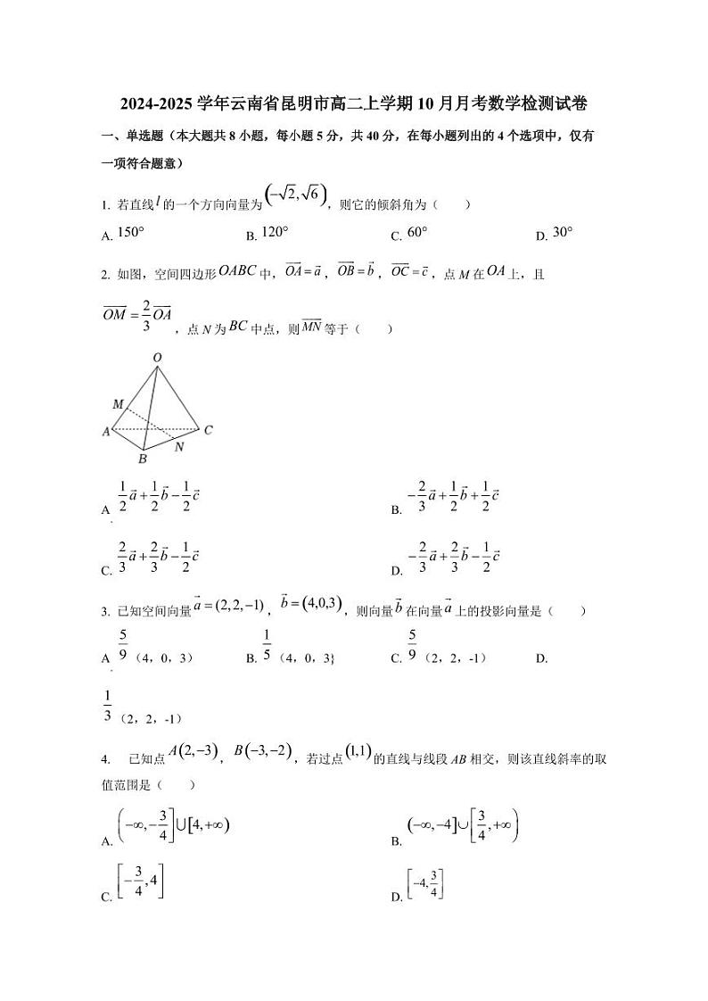 2024-2025学年云南省昆明市高二上学期10月月考数学检测试卷（含解析）第1页