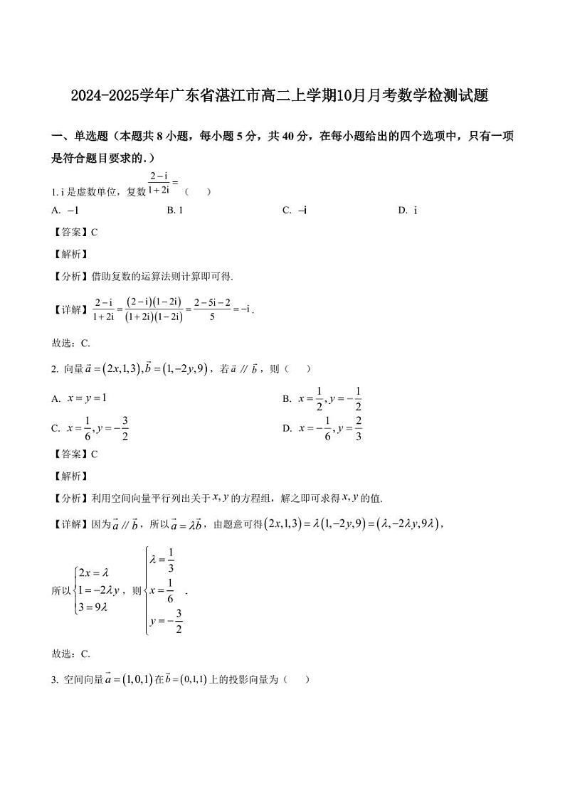 2024-2025学年广东省湛江市高二上学期10月月考数学检测试题（含解析）第1页