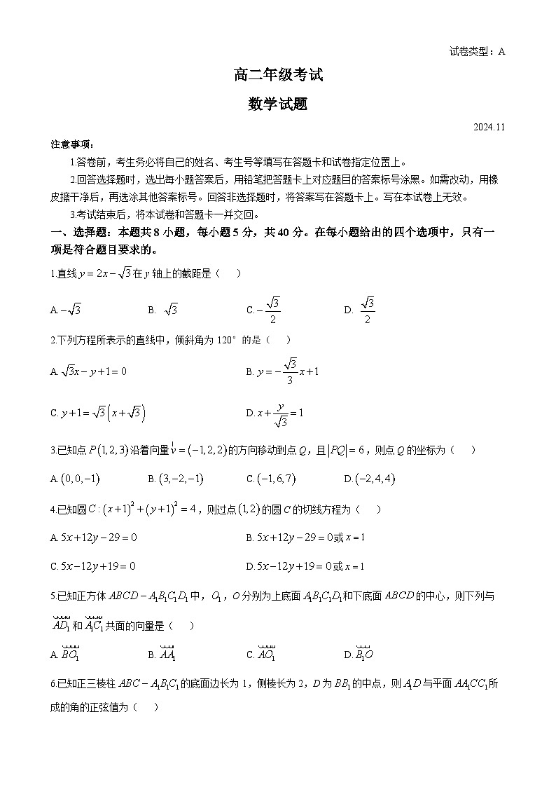 山东省泰安市2024-2025学年高二上学期11月期中考试数学试题()第1页