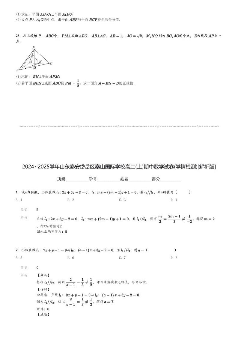 2024～2025学年山东泰安岱岳区泰山国际学校高二(上)期中数学试卷(学情检测)[原题+解析]第3页