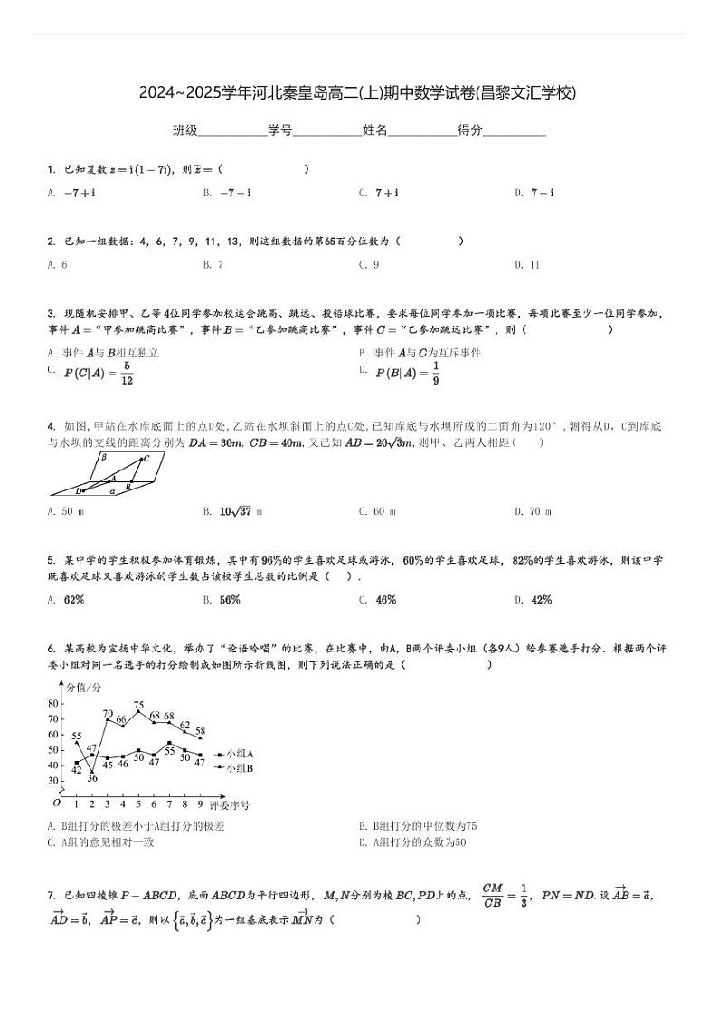 2024～2025学年河北秦皇岛高二(上)期中数学试卷(昌黎文汇学校)[原题+解析]第1页