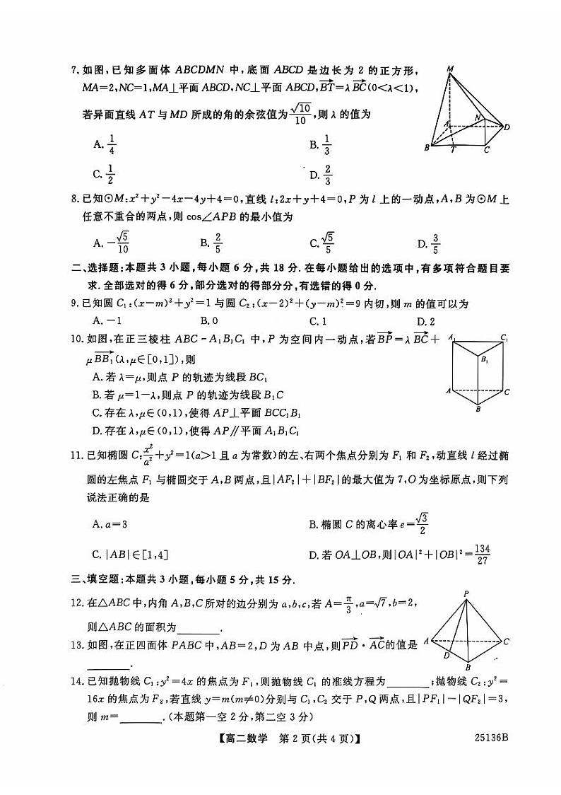 2024-2025学年河北郑口中学联考高二期中测试数学试卷第2页