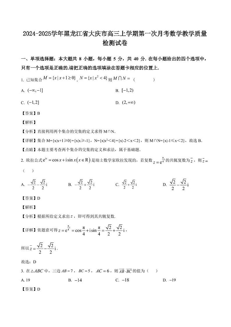 2024-2025学年黑龙江省大庆市高三上学期第一次月考数学教学质量检测试卷（含解析）第1页