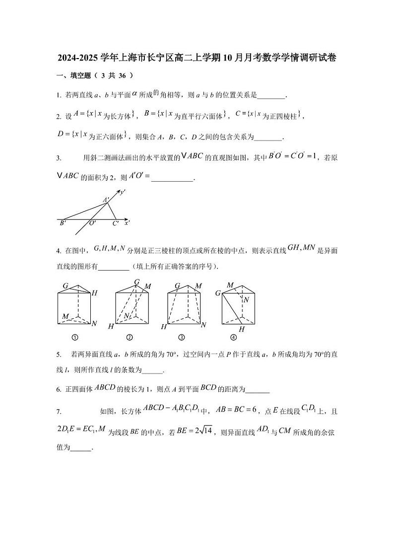 2024-2025学年上海市长宁区高二上学期10月月考数学学情调研试卷（含解析）第1页