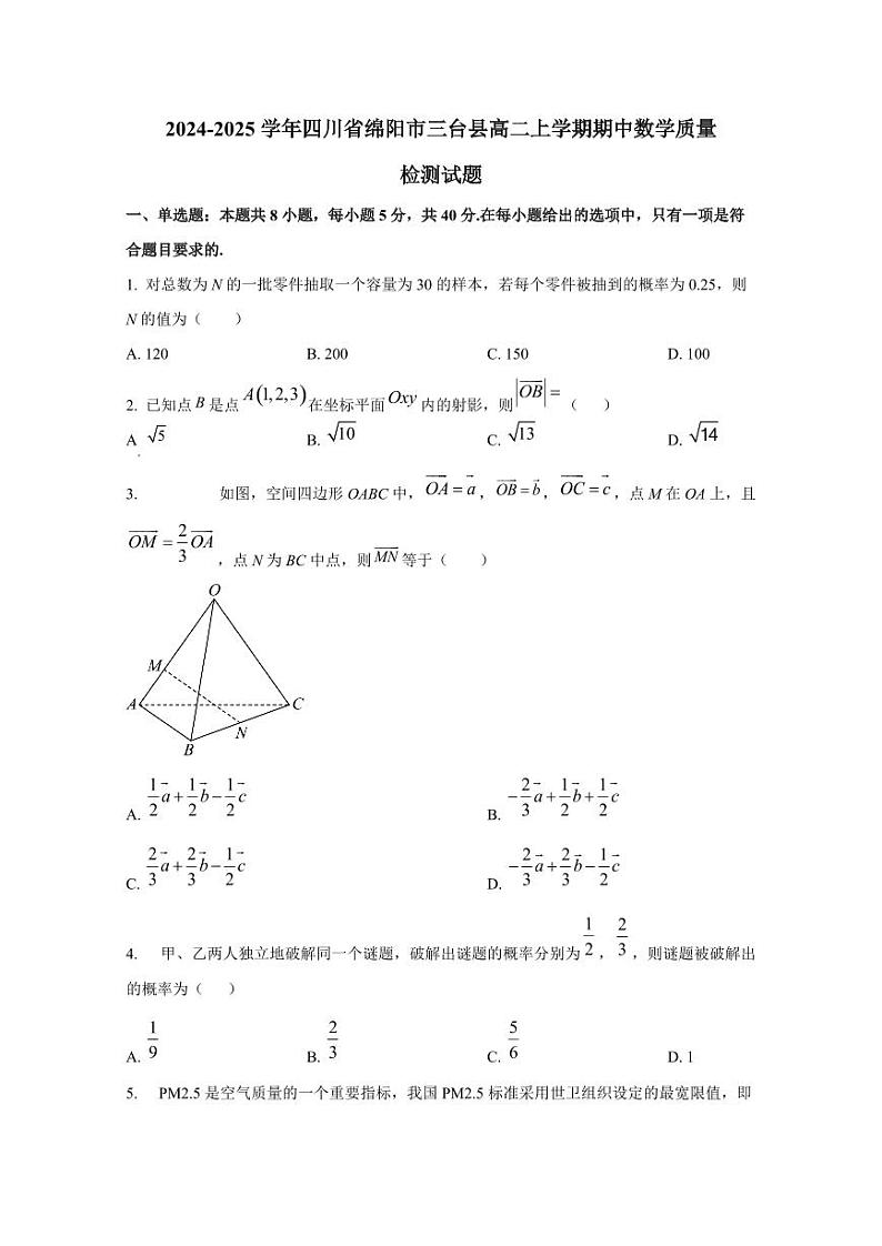 2024-2025学年四川省绵阳市三台县高二上学期期中数学质量检测试题（含解析）01