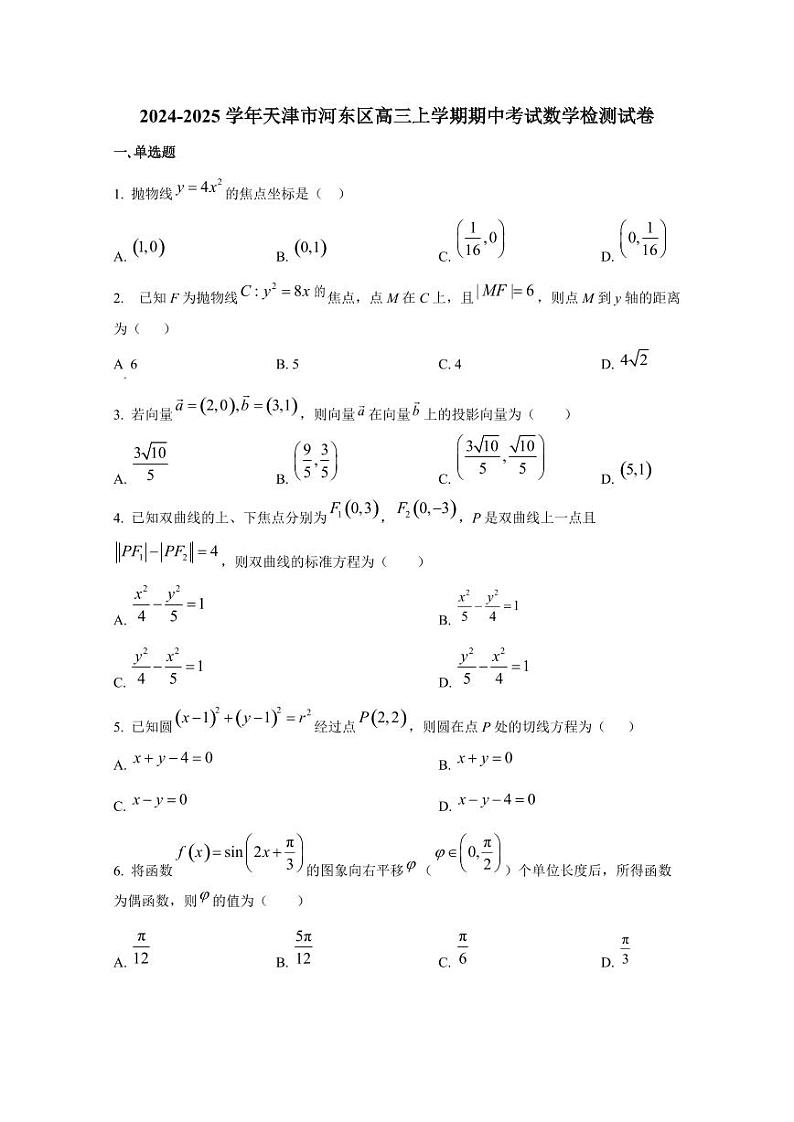 2024-2025学年天津市河东区高三上学期期中考试数学检测试卷第1页