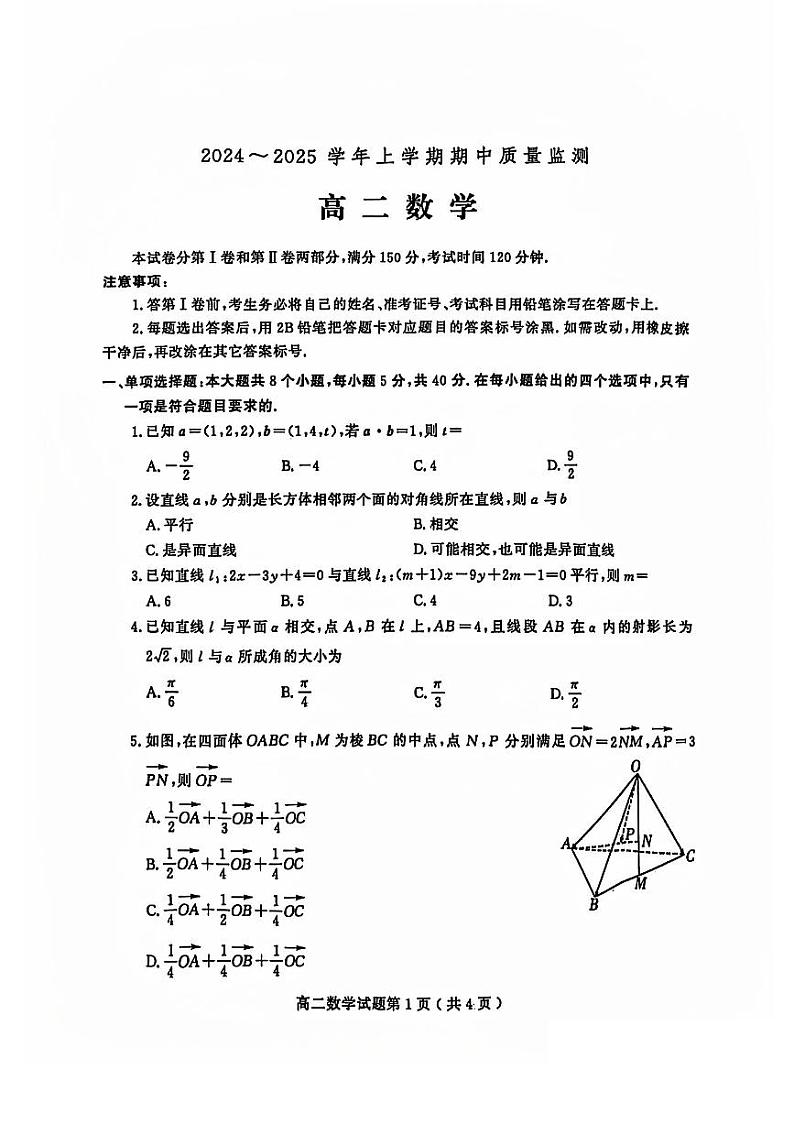 山东省潍坊市四市联考2024-2025学年高二上学期11月期中质量监测数学试题01