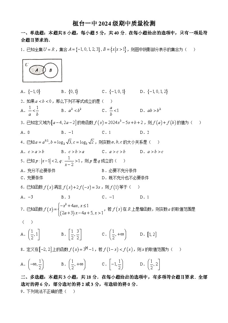 山东省桓台第一中学2024-2025学年高一上学期期中质量检测数学试卷(无答案)第1页