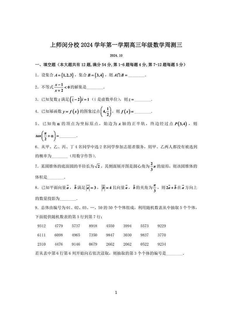 2024～2025学年上海市闵行区上师闵分校高三(上)数学周测(2024.10)(含答案)01