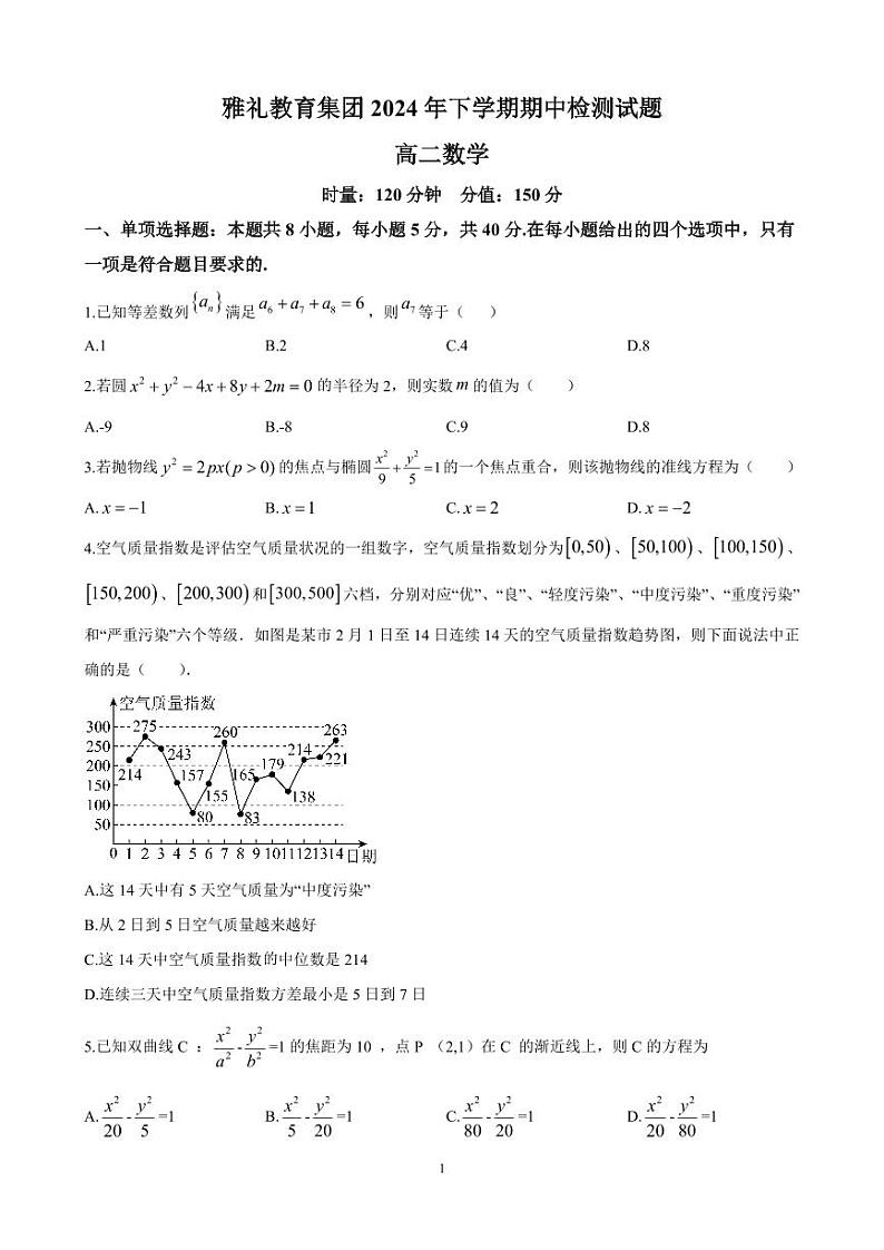 雅礼中学2024年高二上学期期中考试数学试卷第1页