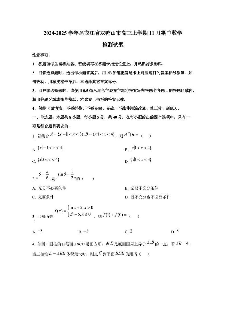 2024-2025学年黑龙江省双鸭山市高三上学期11月期中数学检测试题第1页