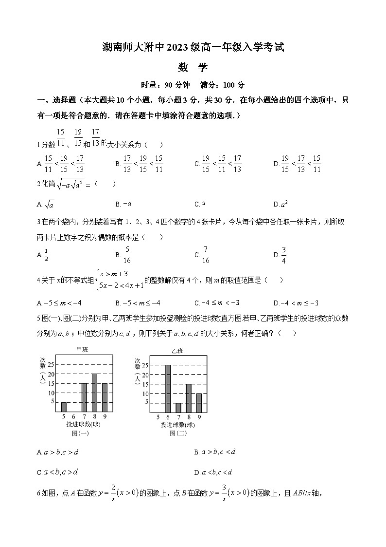 湖南师范大学附属中学2023-2024学年高一上学期入学考试数学试题（原卷版）第1页