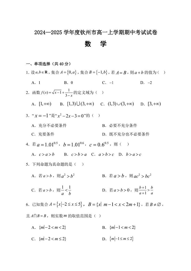 广西钦州市2024～2025学年高一(上)期中数学试卷(含解析)第1页