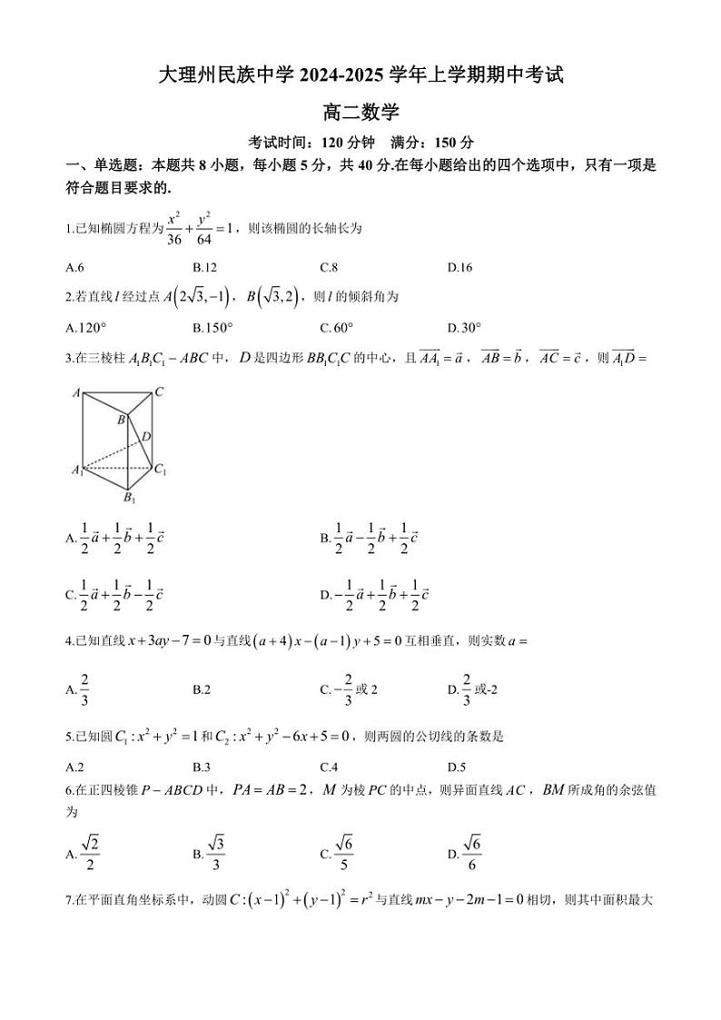 云南省大理州大理市大理白族自治州民族中学2024～2025学年高二(上)期中数学试卷(含答案)第1页