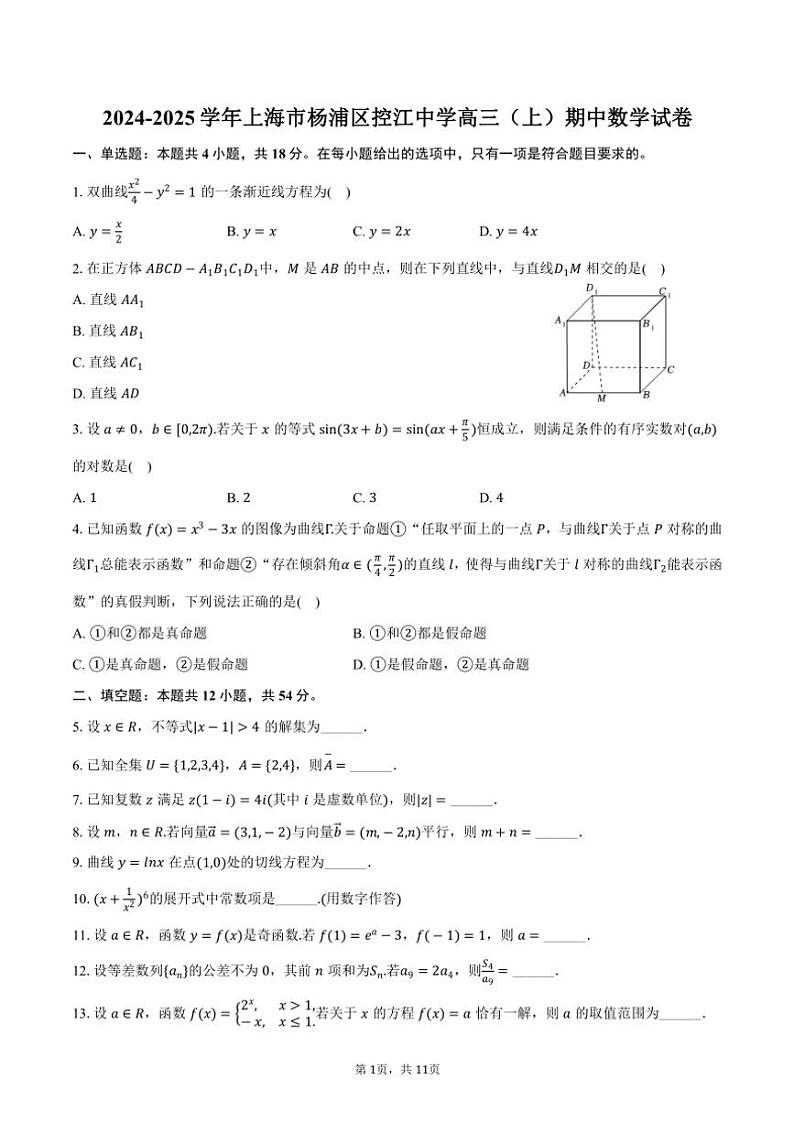 2024～2025学年上海市杨浦区控江中学高三(上)期中数学试卷(含答案)第1页