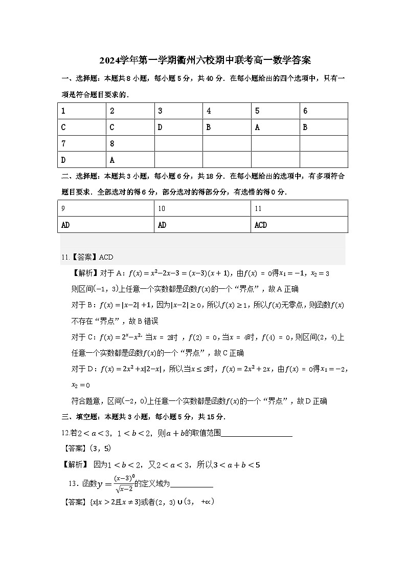 2024学年第一学期衢州六校期中联考高一数学答案第1页