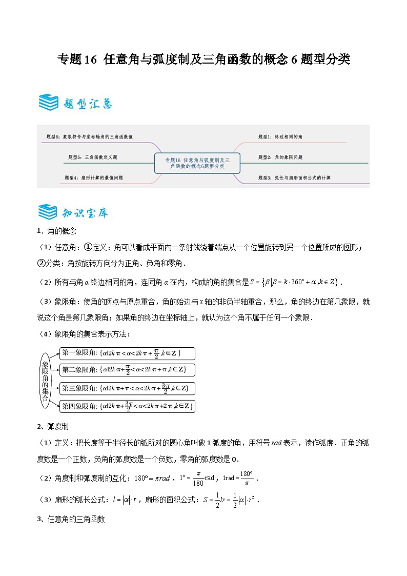 专题16 任意角与弧度制及三角函数的概念6题型分类-备战2025年高考数学一轮专题复习全套考点突破和专题检测（解析版）第1页