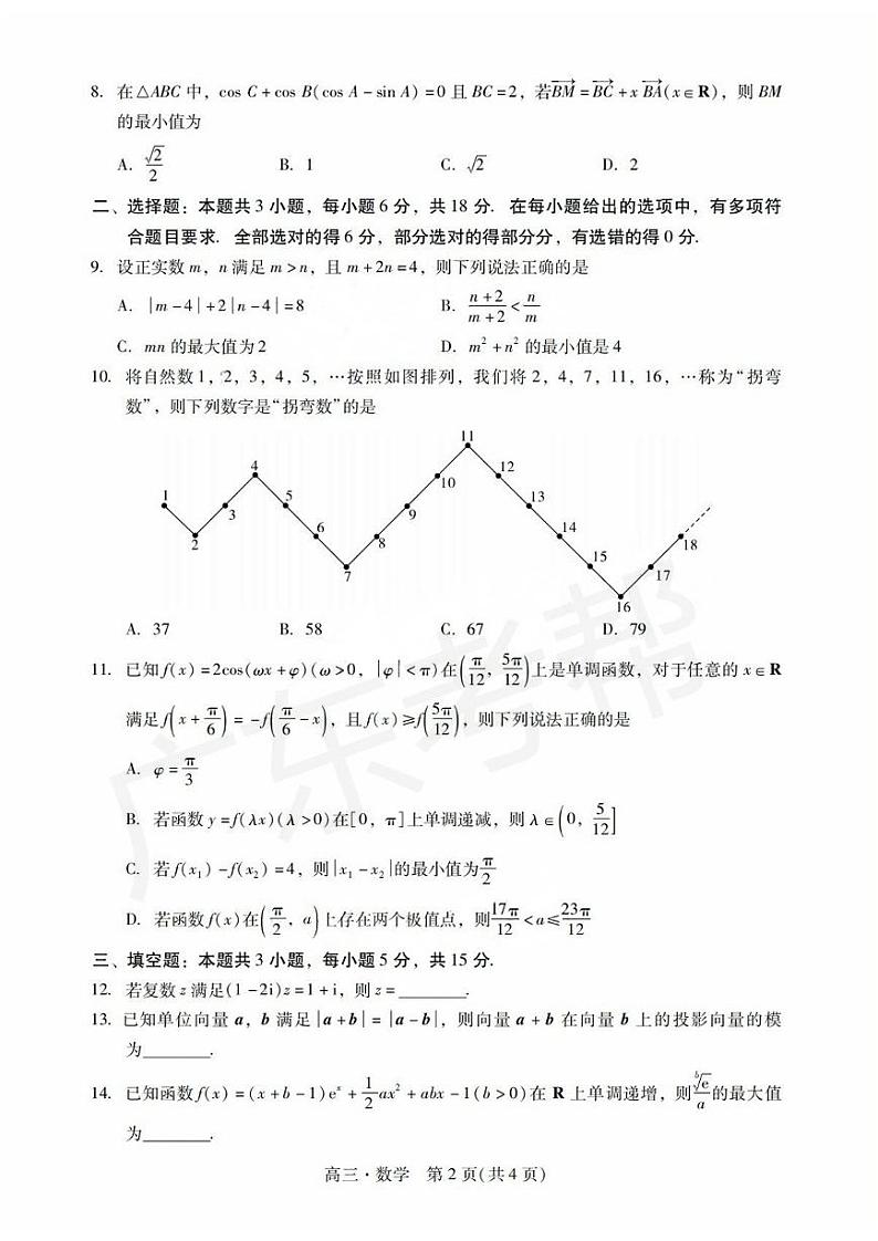2025届广东省肇庆市高三上学期高考模拟考试-数学试卷+答案第2页