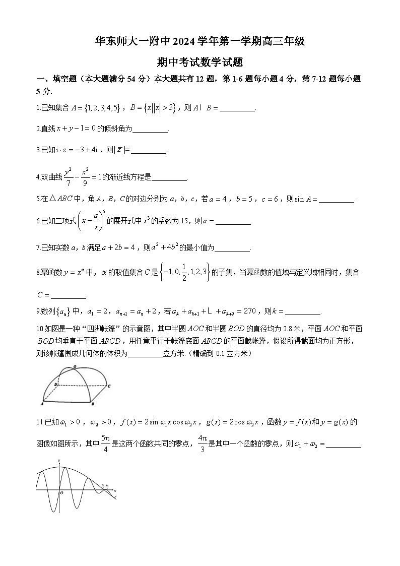 上海市华东师范大学第一附属中学2024-2025学年高三上学期期中考试数学试卷及参考答案01