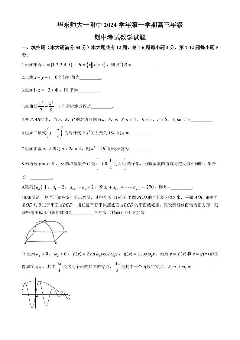 上海市华东师范大学第一附属中学2024-2025学年高三上学期期中考试数学试卷及参考答案01