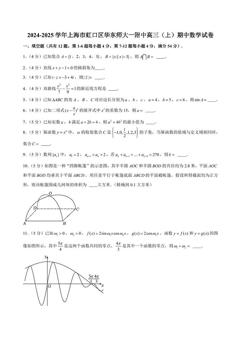 2024-2025学年上海市虹口区华东师大一附中高三（上）期中数学试卷（含解析）第1页
