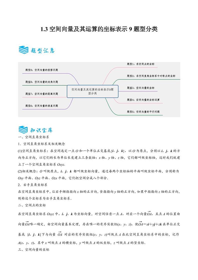 1.3空间向量及其运算的坐标表示9题型分类（讲+练）（原卷版）-2024年秋高二数学选择性必修第一册题型练习第1页