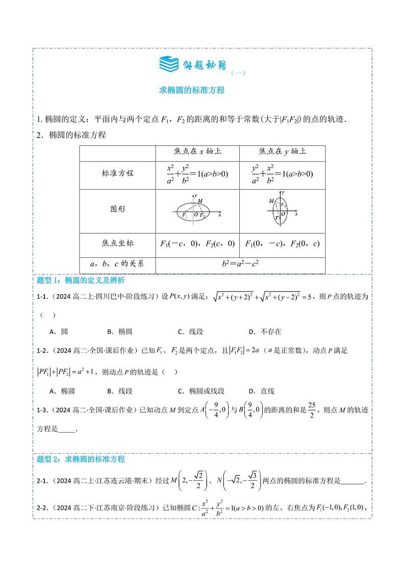 3.1.1椭圆及其标准方程7题型分类（讲+练）（原卷版）-2024年秋高二数学选择性必修第一册题型练习02