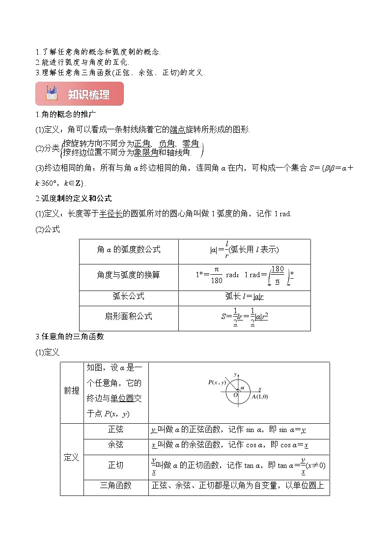 专题20 任意角和弧度制及三角函数的概念-2025年高考数学一轮复习讲义（知识梳理+真题自测+考点突破+分层检测）（新高考专用）原卷版第2页