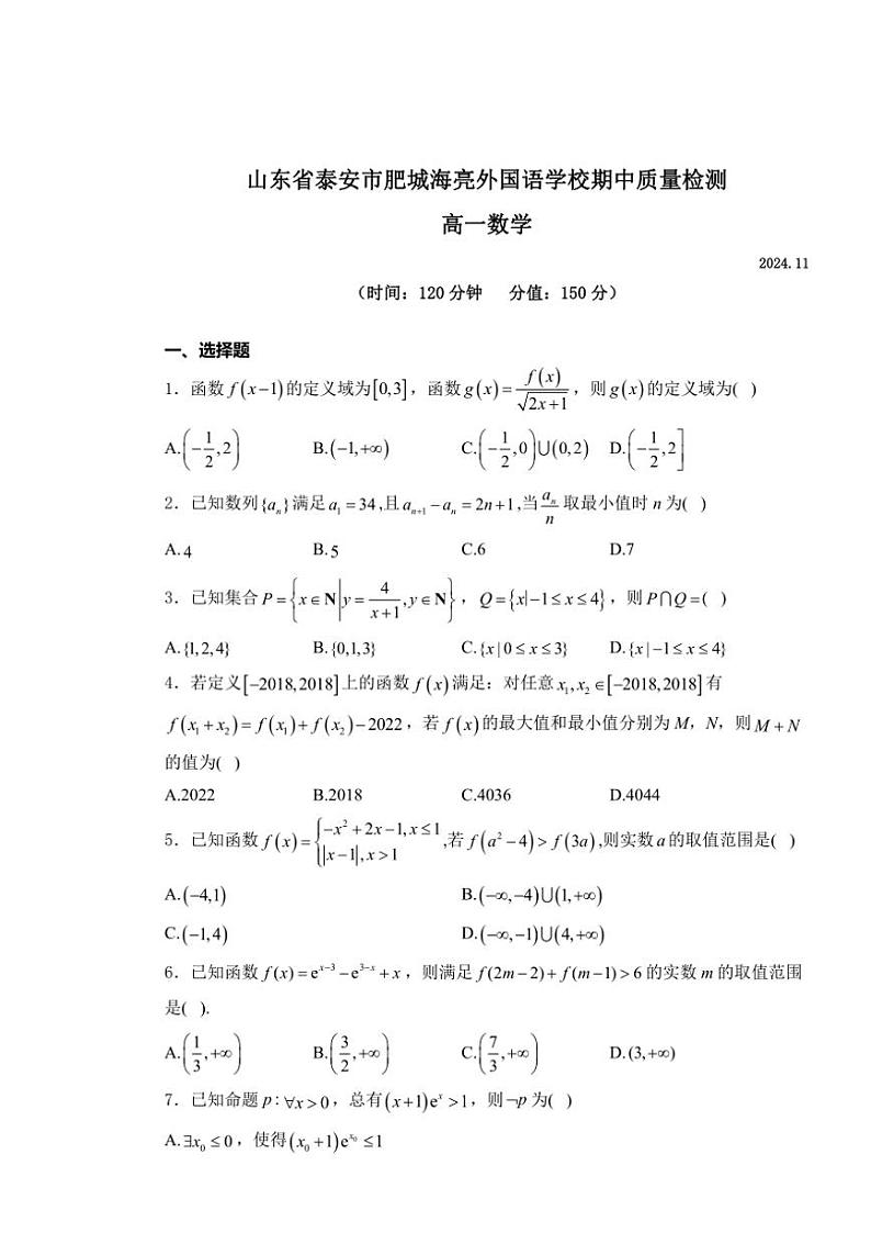 山东省泰安市肥城海亮外国语学校2024～2025学年高一(上)期中质量检测数学试卷(含解析)第1页
