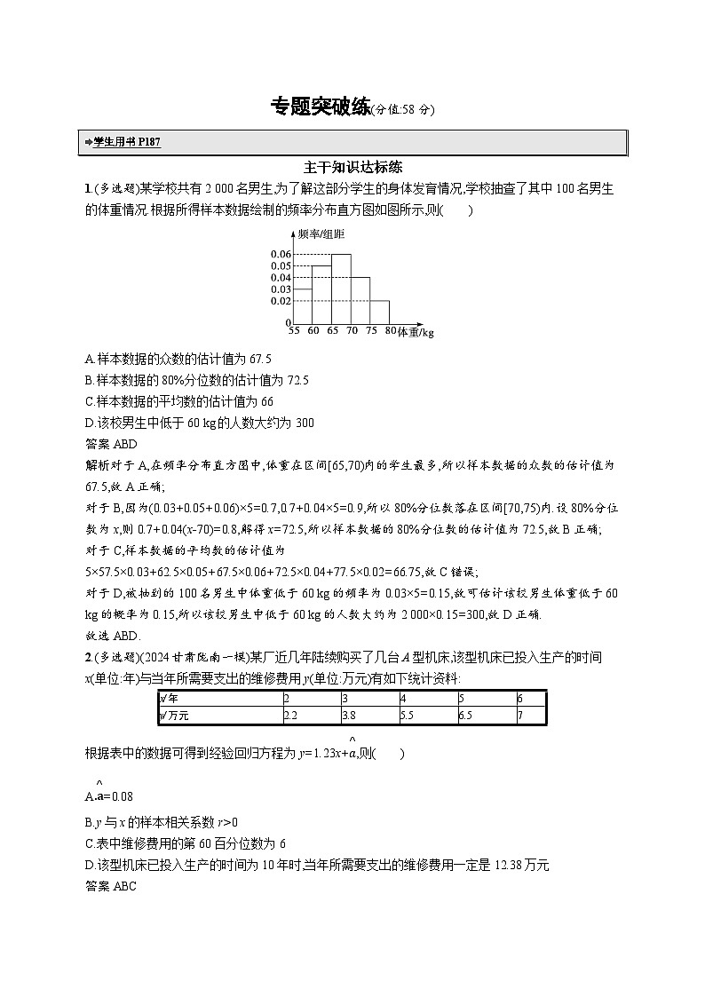 备战2025年高考二轮复习数学专题突破练18 统计与成对数据的统计分析（提升篇）（Word版附解析）01