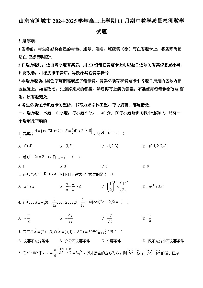 山东省聊城市2024-2025学年高三上学期期中考试数学试卷（Word版附解析）01