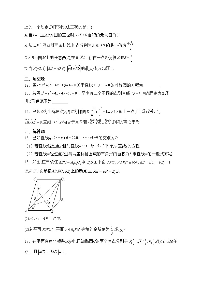 石家庄市第二中学2024-2025学年高二上学期第一次月考数学试卷(含答案)第3页