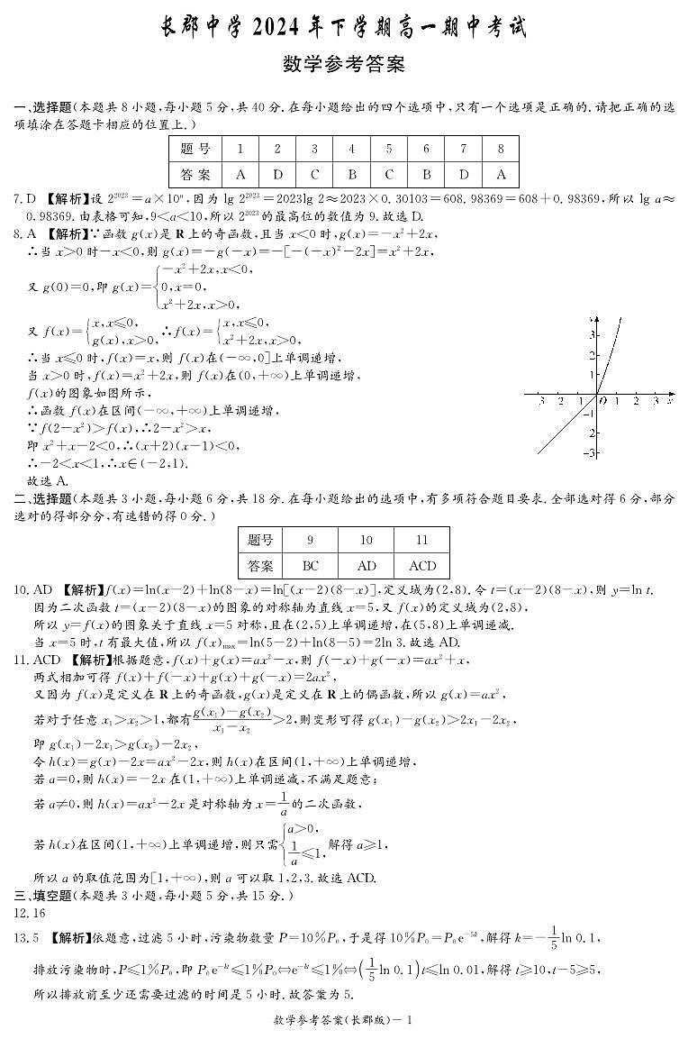 长郡中学2024年下学期高一期中考试数学试卷答案第1页
