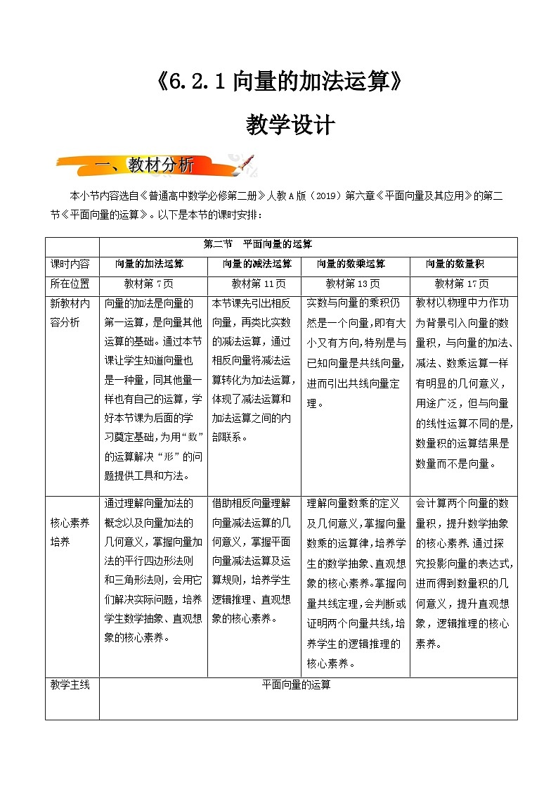 人教A版（2019）高中数学必修第二册6.2.1 向量的加法运算 教案01