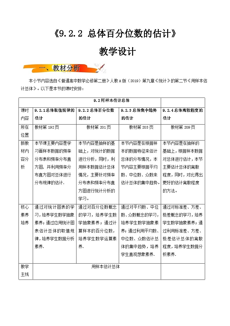 人教A版（2019）高中数学必修第二册9.2.2总体百分位数的估计 教案01
