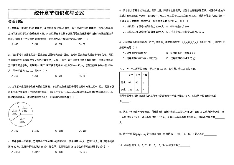 高中数学人教A版必修二《统计》知识点与公式  习题第1页